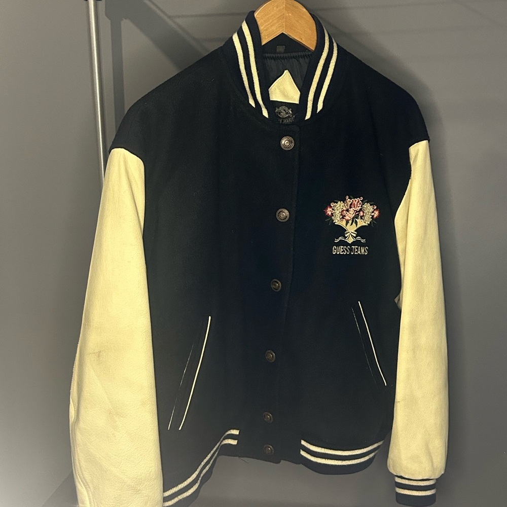 Vintage Guess Jeans “Varsity” jacket. A Georges Marciano Floral Collection.